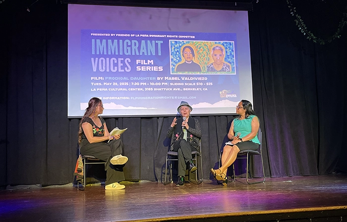 Q&A session with director Mabel Valdiviezo on stage during the Prodigal Daughter screening at La Peña Cultural Center.